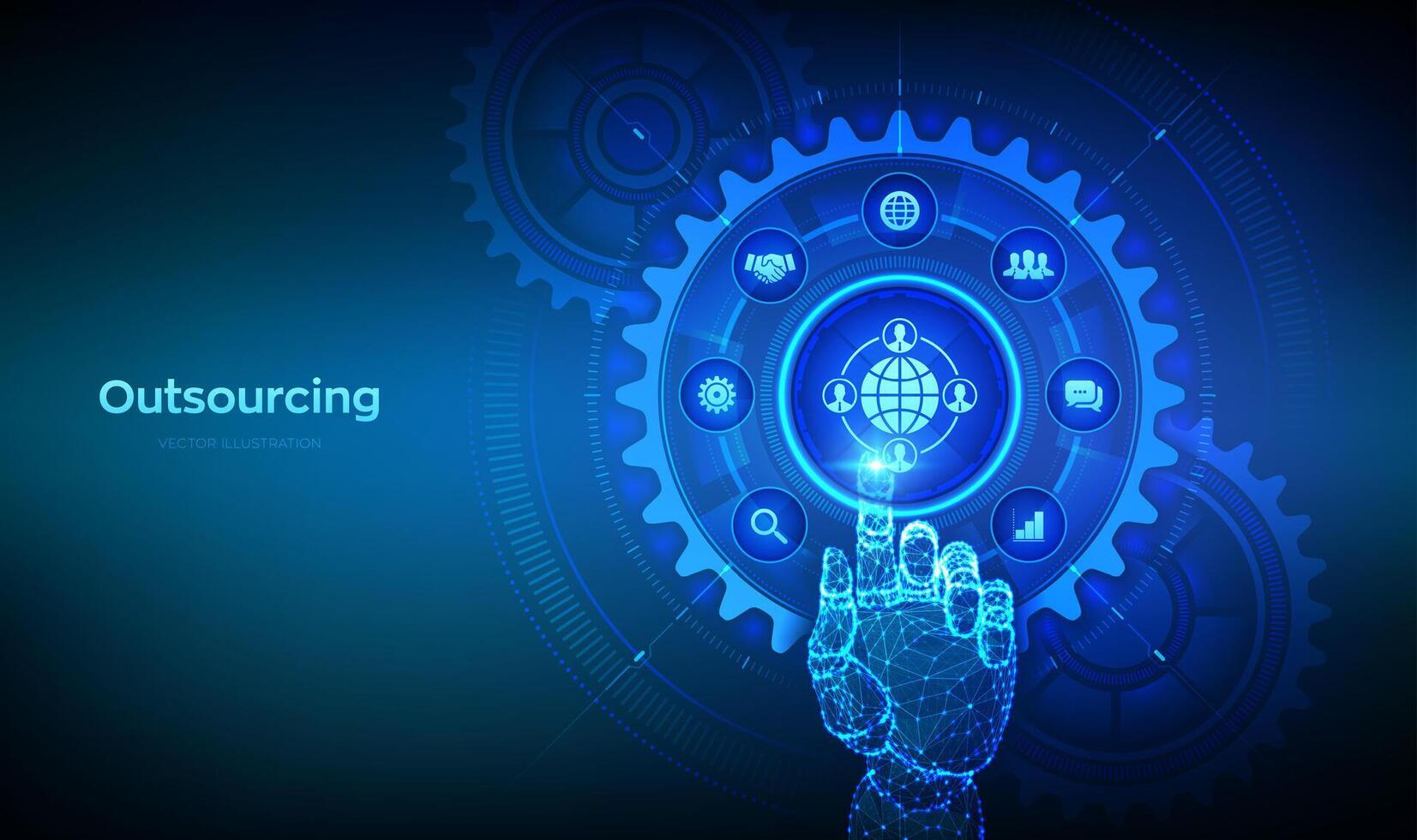 Outsourcing and HR. Social network and global recruitment. Global Recruitment Business concept. Wireframe hand touching digital interface with connected gears cogs and icons. Vector illustration.