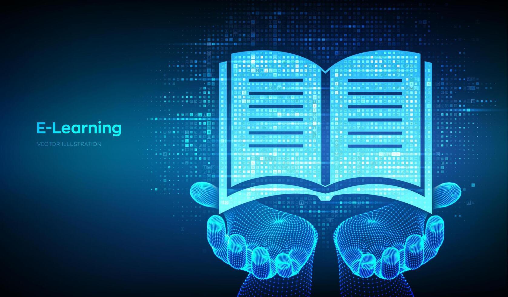 E-learning icon made with binary code in wireframe hands. Online education. Webinar, teaching, online training courses. Digital binary data streaming digital code background. Vector illustration.