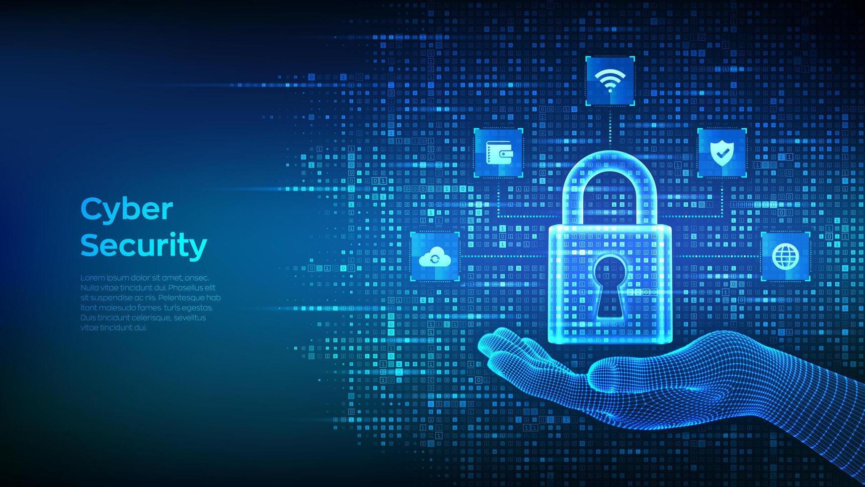 Cyber security. Data Protection. Internet network security technology concept. Padlock. Lock icon in wireframe hand. Cybersecurity icons connections. Binary code background. Vector Illustration.