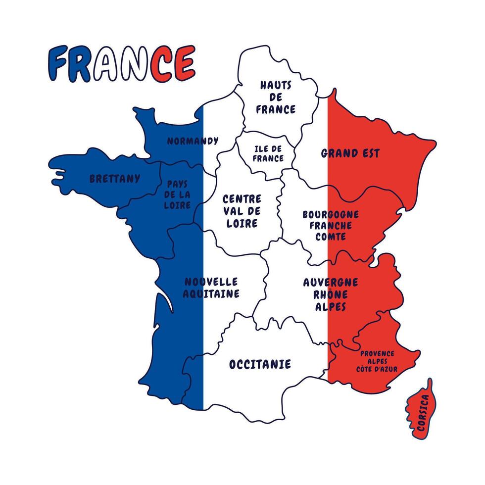 mapa de Francia con francés regiones y bandera. mano dibujado vector ilustración