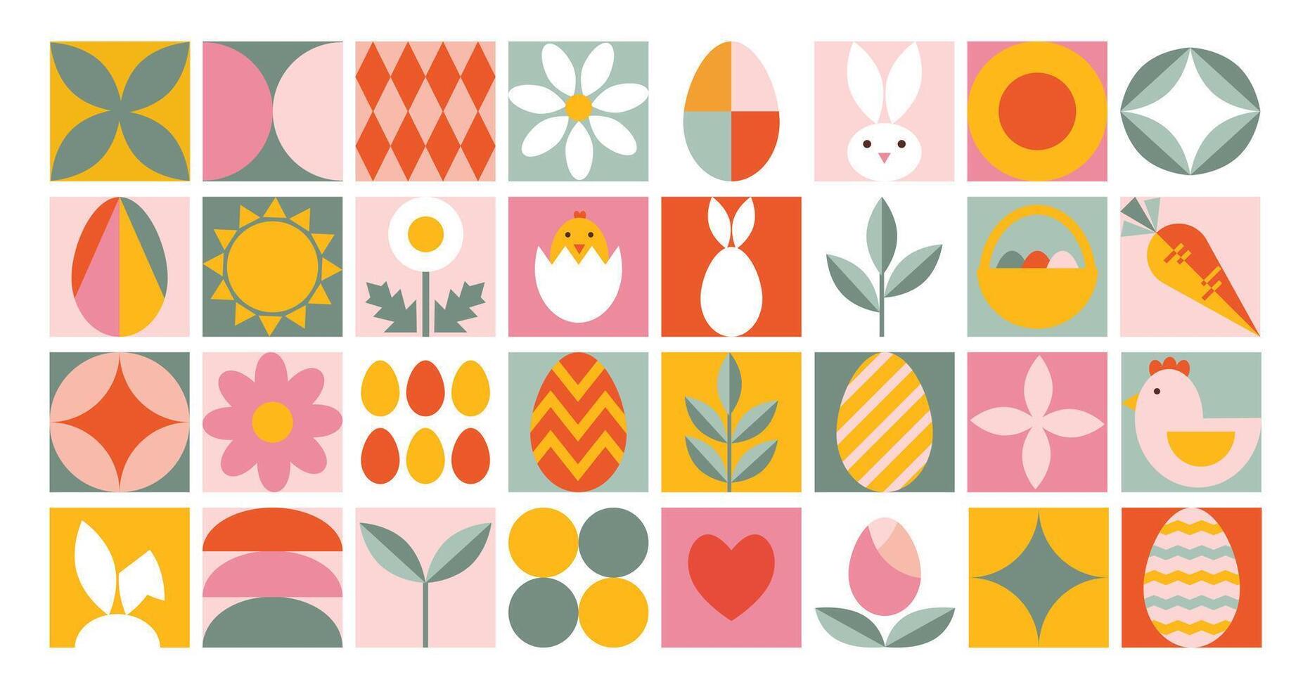 Abstract geometric Happy Easter background. Icon with holiday symbols. Stylized bunny, egg, ear, flowers chicken. Trendy contemporary design for banner, card, poster, packaging, advertising, cover. vector