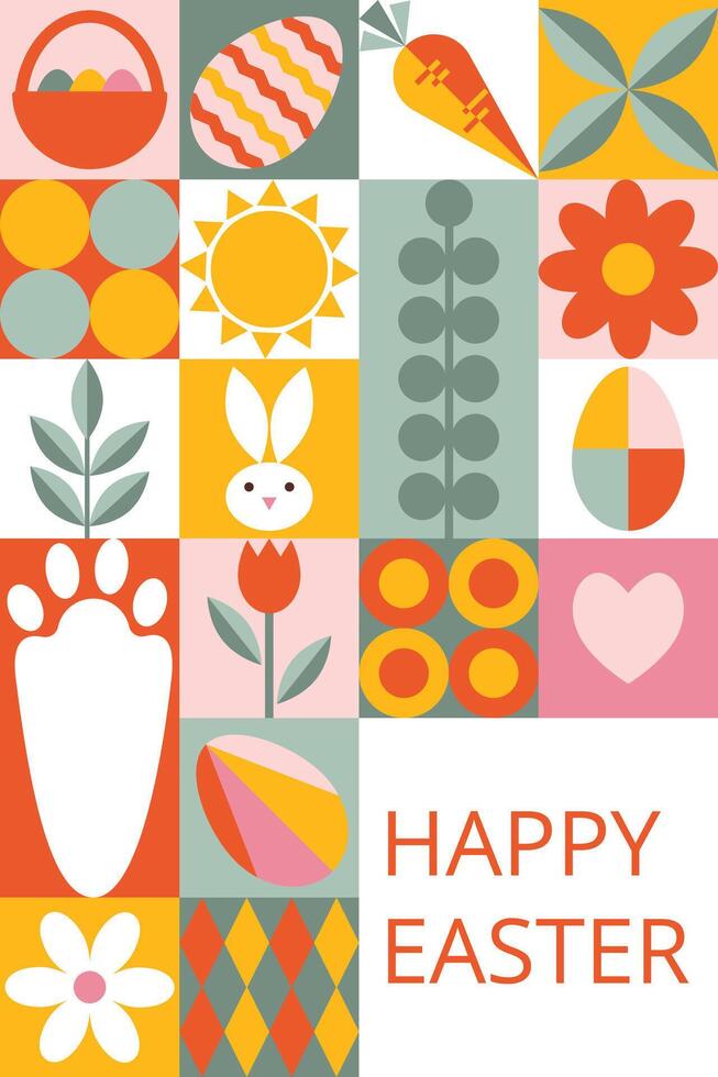 Trendy bright celebration card of Happy Easter. Modern simply design in geometric style. Stylized shapes of eggs, rabbit, herbs. Creative concept for poster, banner, invitation, branding, cover. vector