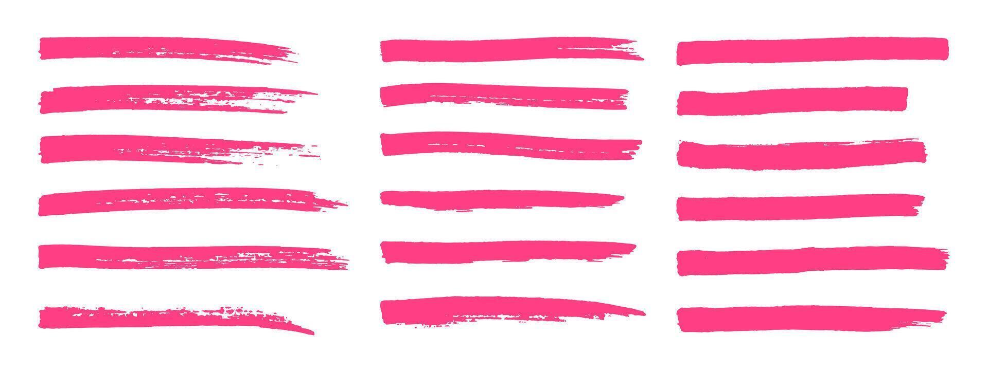 Set isolated long hand drawn markers stripes. Grunge texture stroke lines. Pink emphasis highlight elements. Vector illustration. Decoration for reminder, selection, direction, note