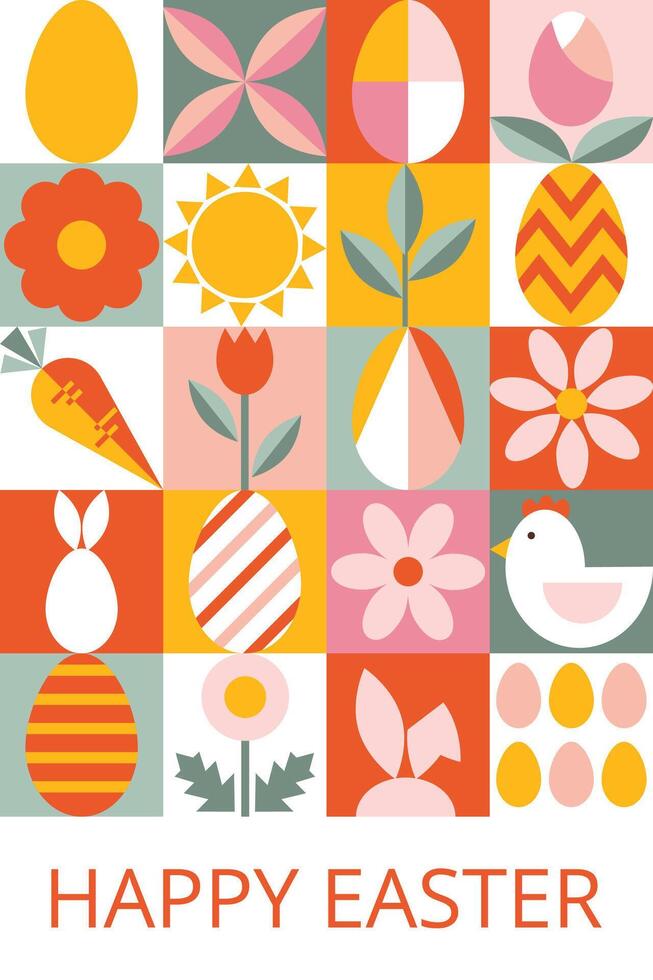 Creative concept for celebration. Template card or poster with typography for Happy Easter. Simple abstract icons background. Stylized holiday symbols in bauhaus style. vector