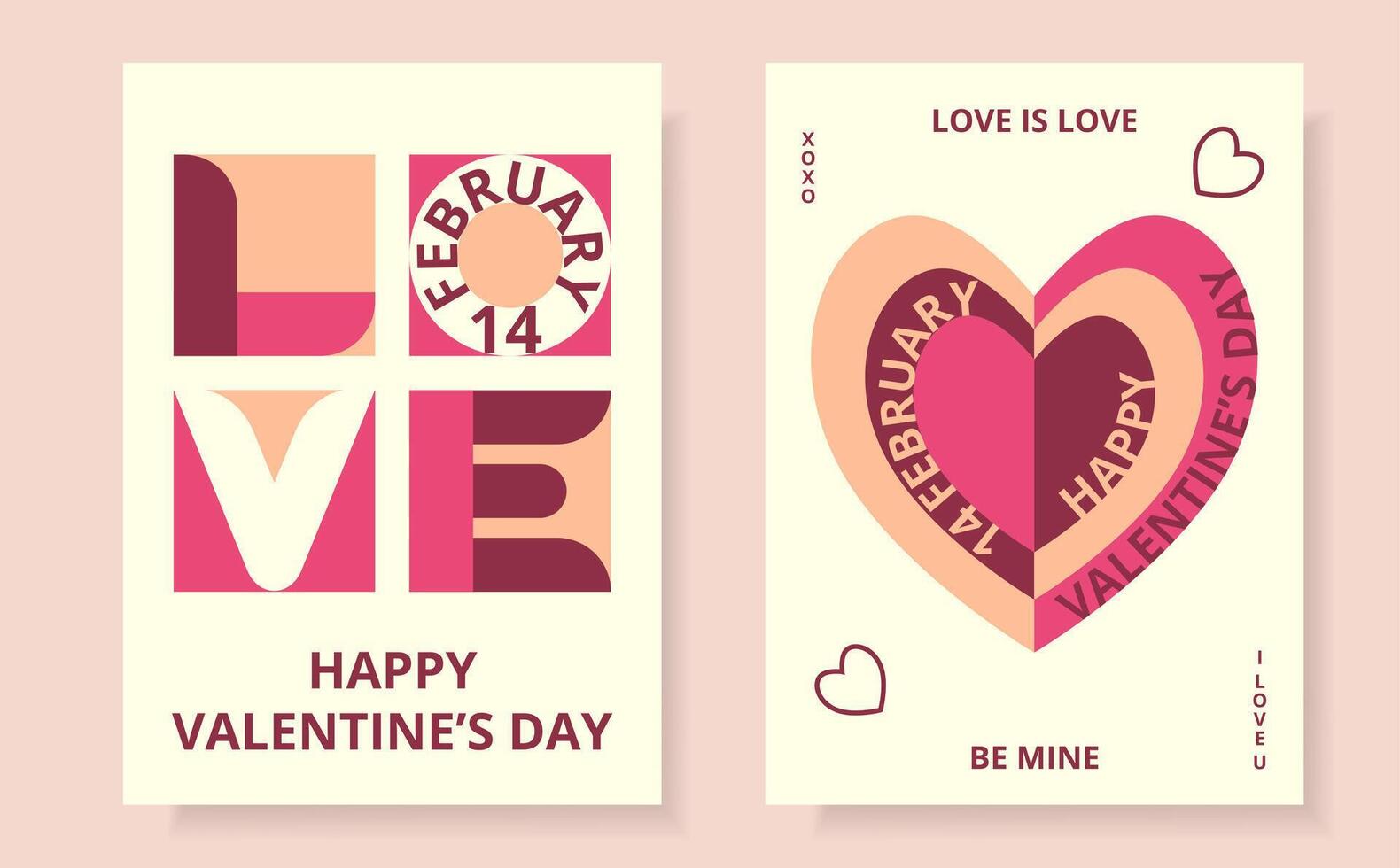 Two cards of abstract geometric shapes and text. Creative concept of Happy Valentine's Day. Heart and Love in bauhaus style. Trendy design for card or poster, advertising, sales, branding. vector