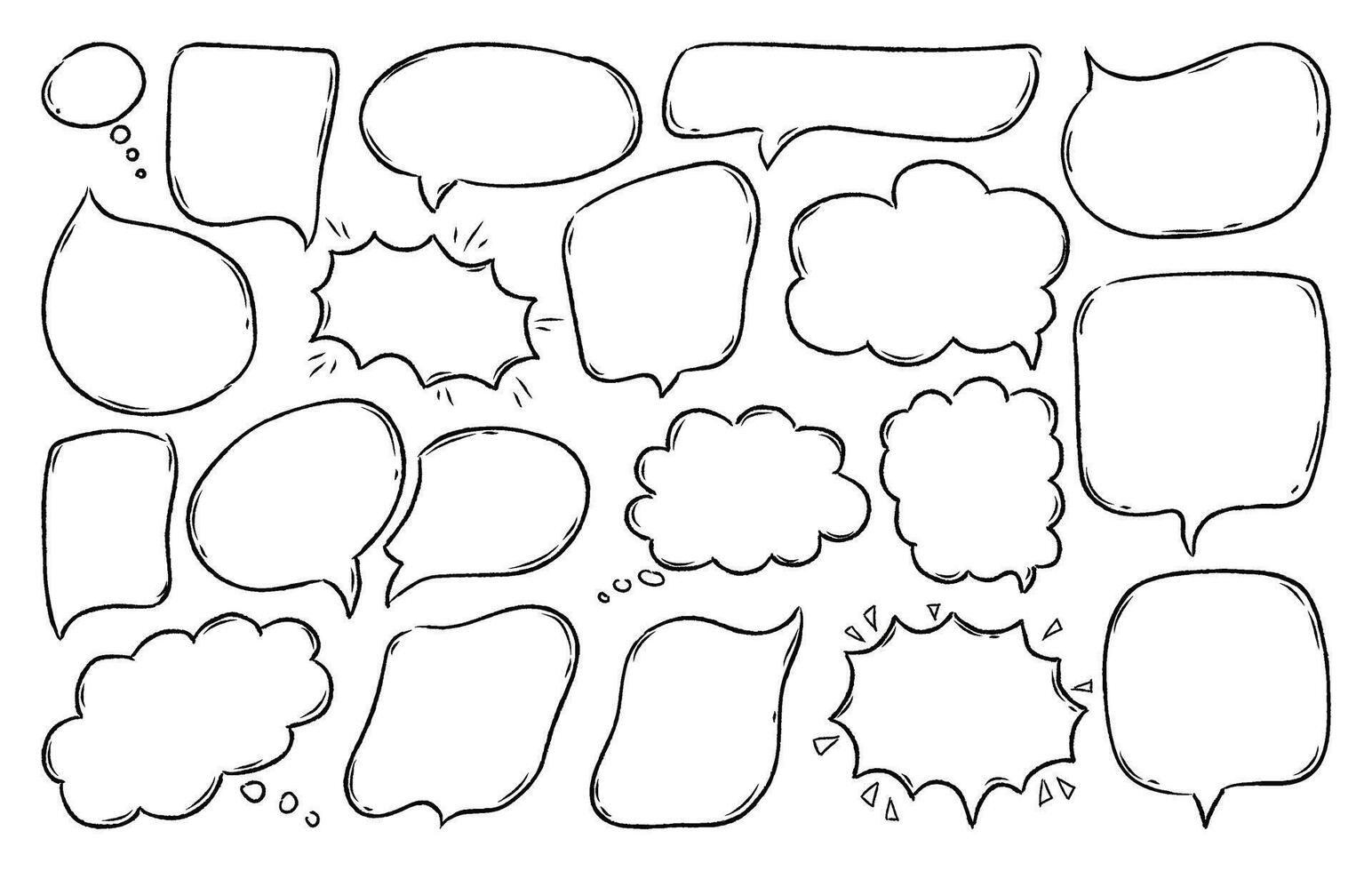 Set black outline speech bubbles isolated on white background. Hand drawn various doodle talk balloons with grunge crayon texture. Empty thought and text clouds. Chat communication sign. Flat vector