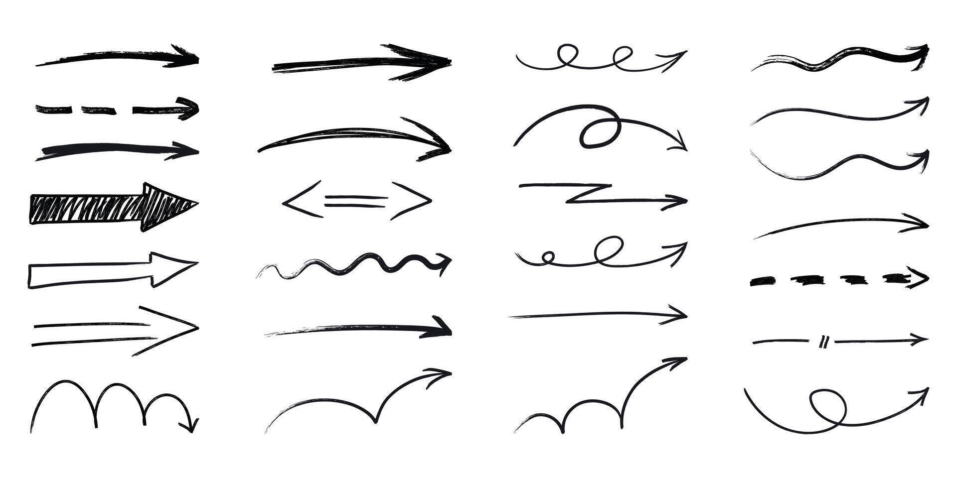Set isolated hand drawn different scribble arrows. Black marker, pen brush stroke graphic element. Grunge textured text underline, emphasis mark. Vector illustration