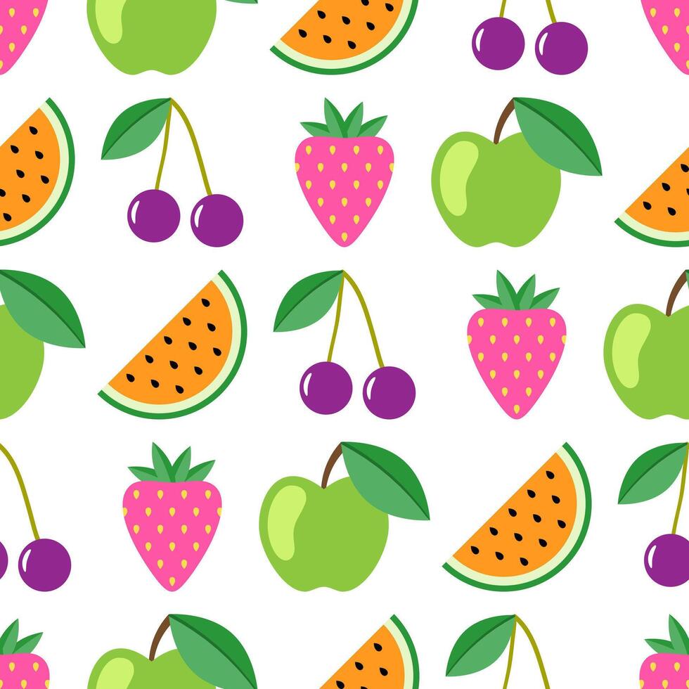 Fruit and berry seamless pattern. Watermelon, cherry, apple, strawberry seamless background. Juicy cute pattern. Vector illustration