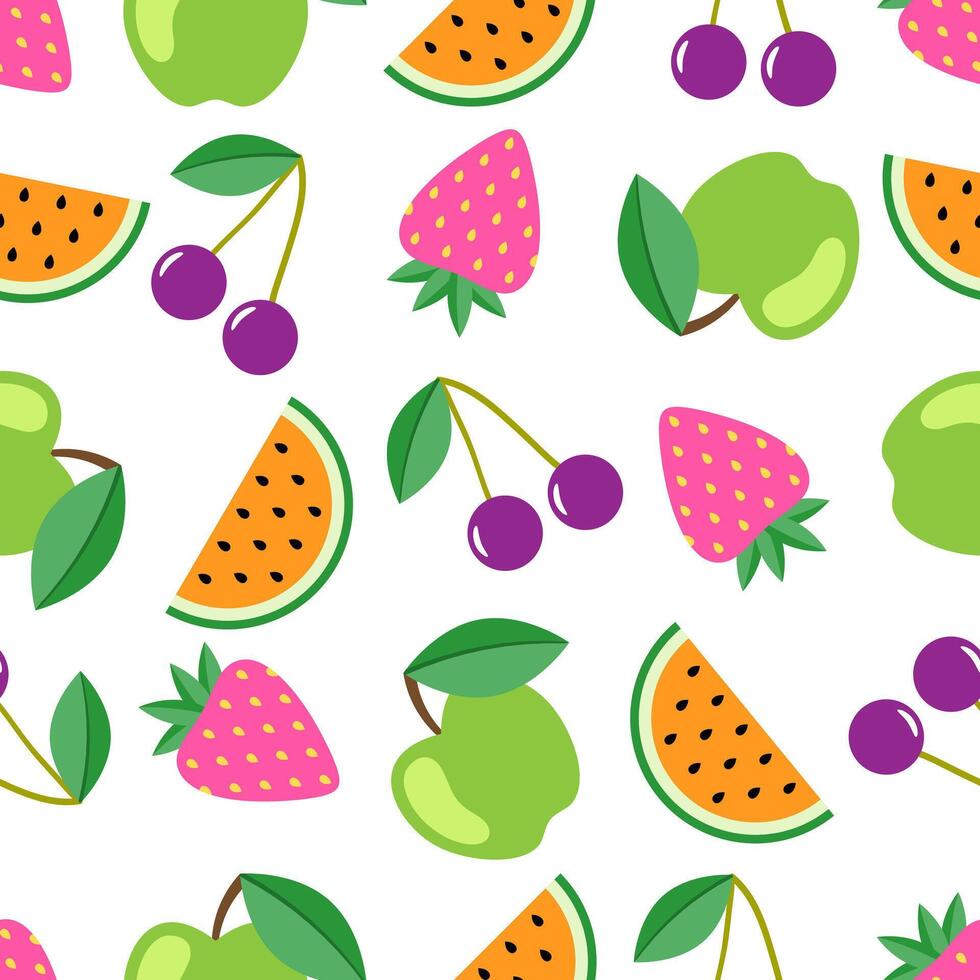 Fruit and berry seamless pattern. Watermelon, cherry, apple, strawberry seamless background. Juicy cute pattern. Vector illustration