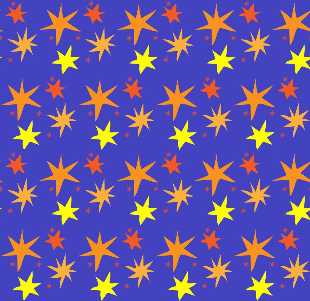 Seamless vector texture in the form of yellow and orange stars drawn in doodle style on a blue background
