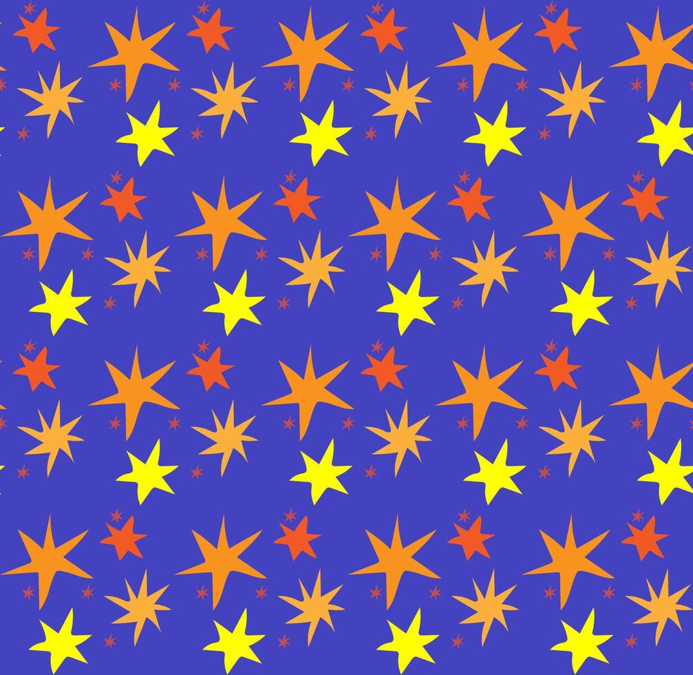 Seamless vector texture in the form of yellow and orange stars drawn in doodle style on a blue background