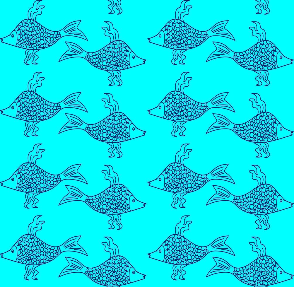 Vector texture in the form of fish drawn in doodle style on a blue background