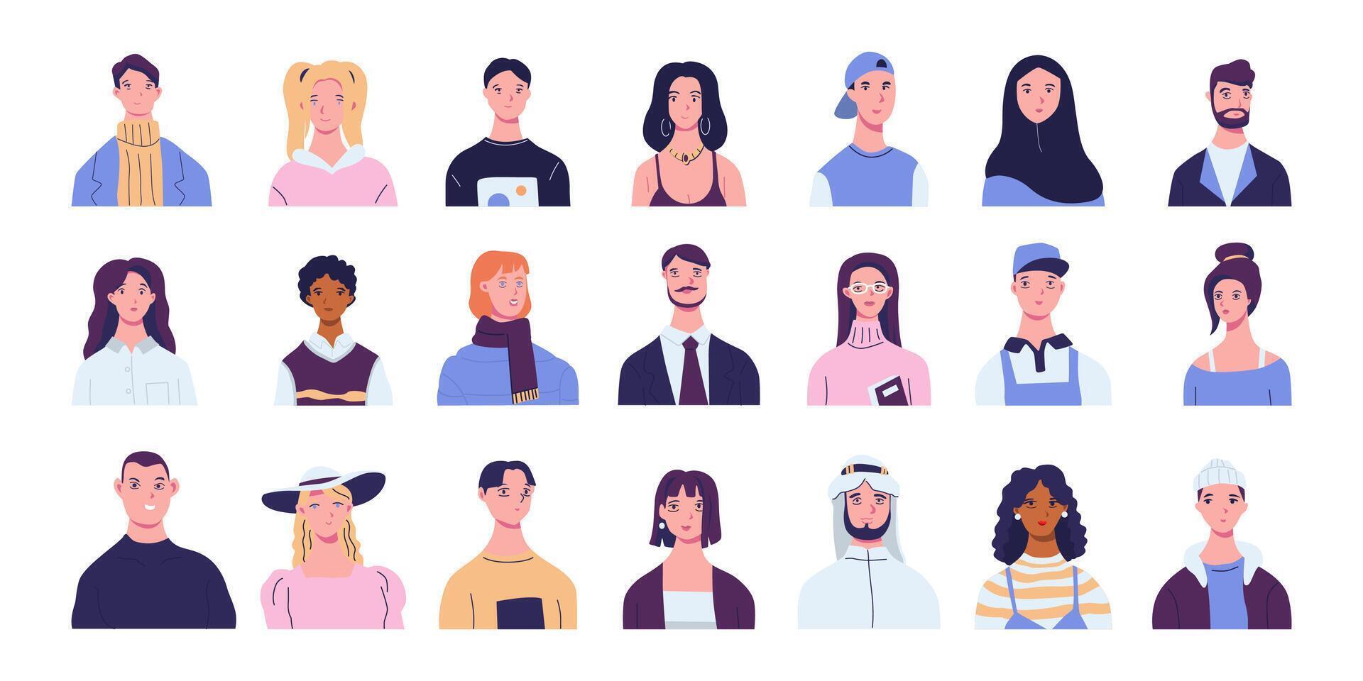 People head portraits set. Diverse men and women faces of different age and race. Happy modern young and old person avatars. Characters bundle. vector