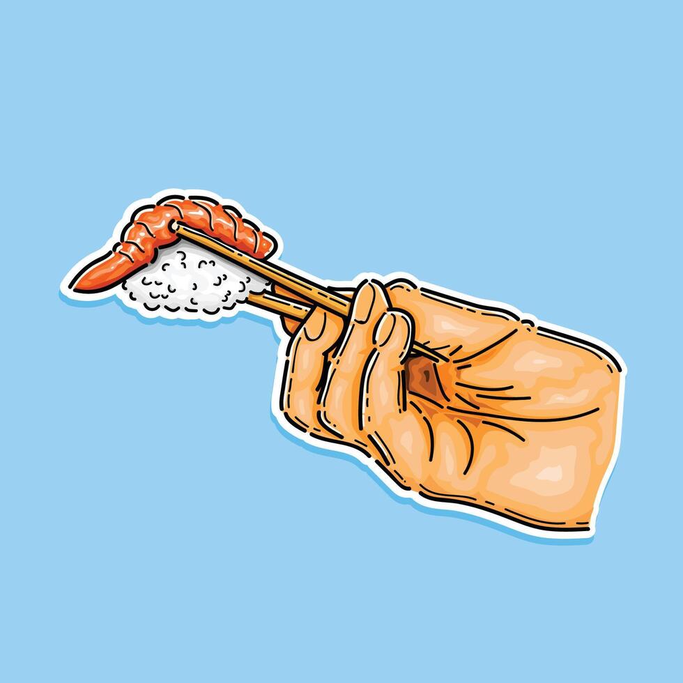 people pick a sushi with chopstick in a blue background illustration design vector