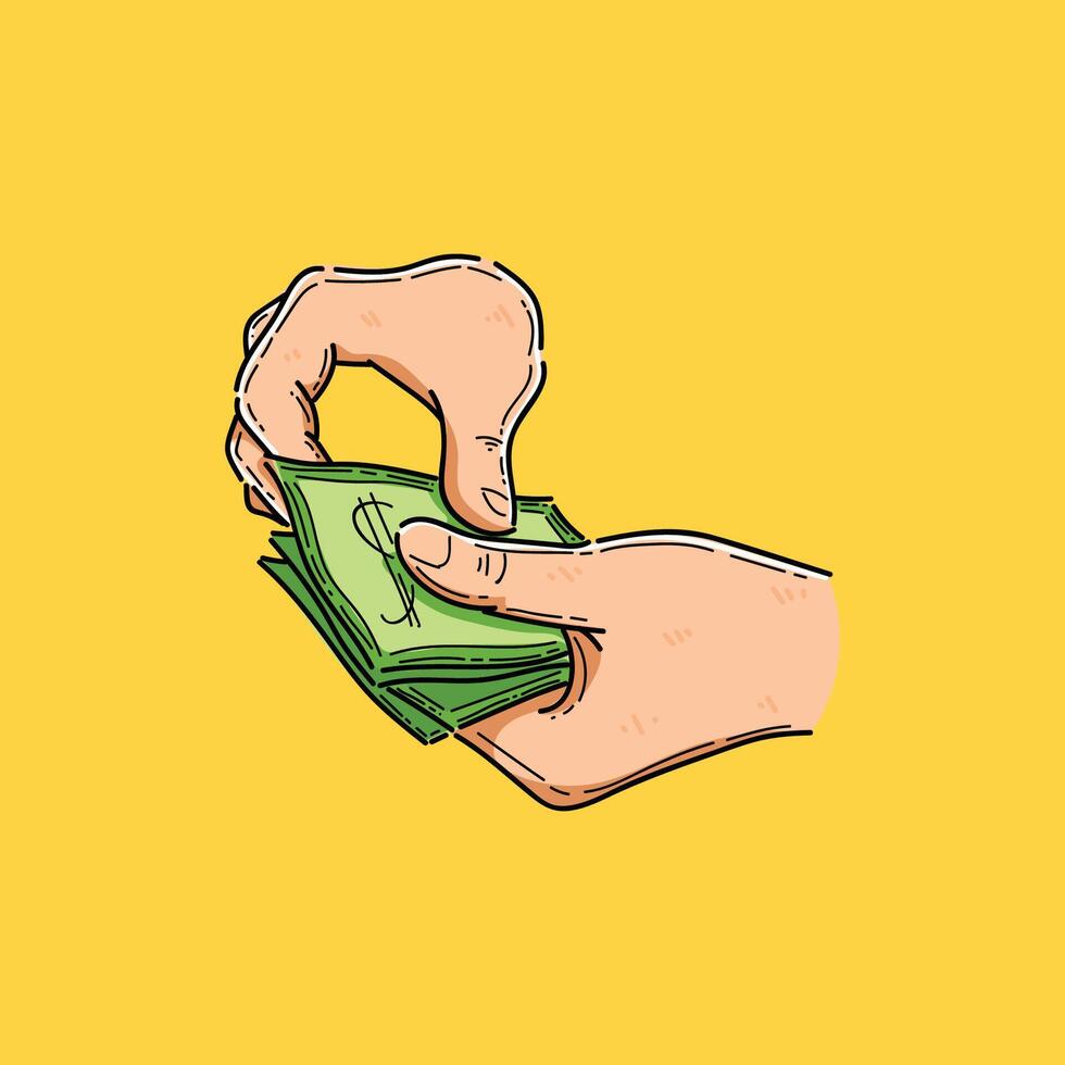 dinero contar por mano ilustración vector diseño en un amarillo antecedentes