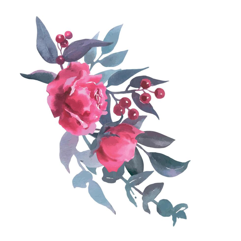 Watercolor bouquet of pink rose, collection garden flowers, leaves, illustration isolated on white background, eucalyptus, herbs. bud and leaf vector