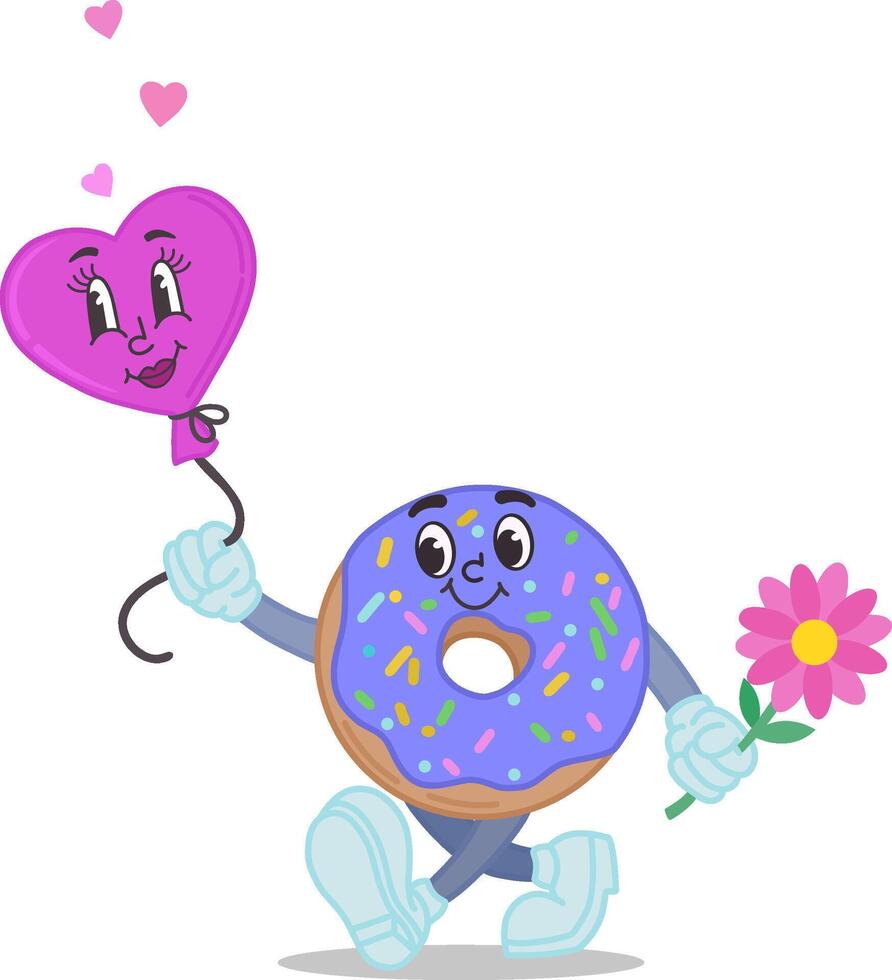 Illustration of a donut with flowers and a balloon, in the retro style of the 50s, 60s,70s. The character is the mascot of the cartoon. Vector illustration for Valentine's Day.Happy emotions, a smile.