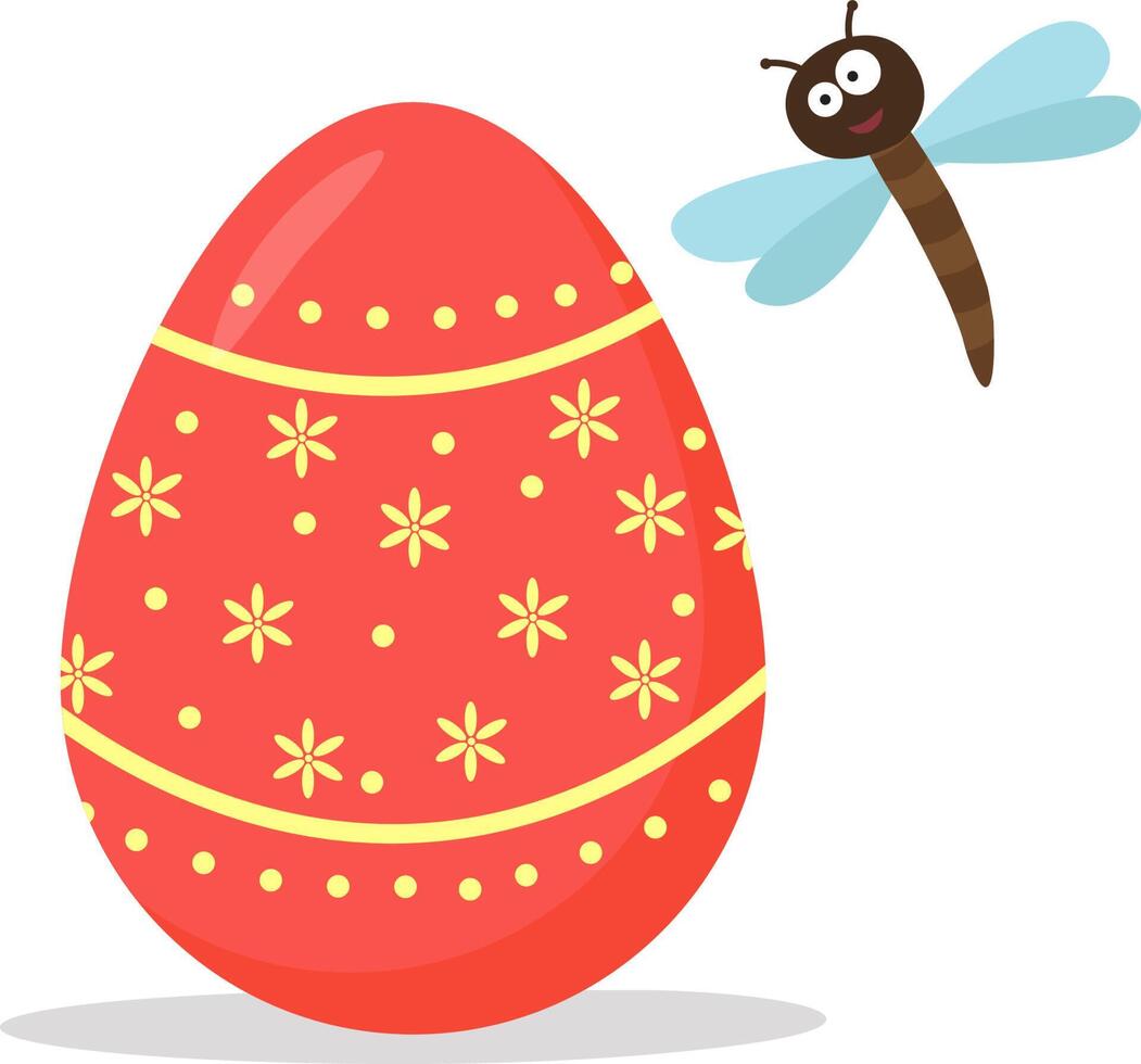 Vector illustration of an Easter egg with a dragonfly.  Funny dragonfly and Easter egg with a beautiful pattern. Vector isolated drawing. Postcard.A flat illustration drawn by hand.