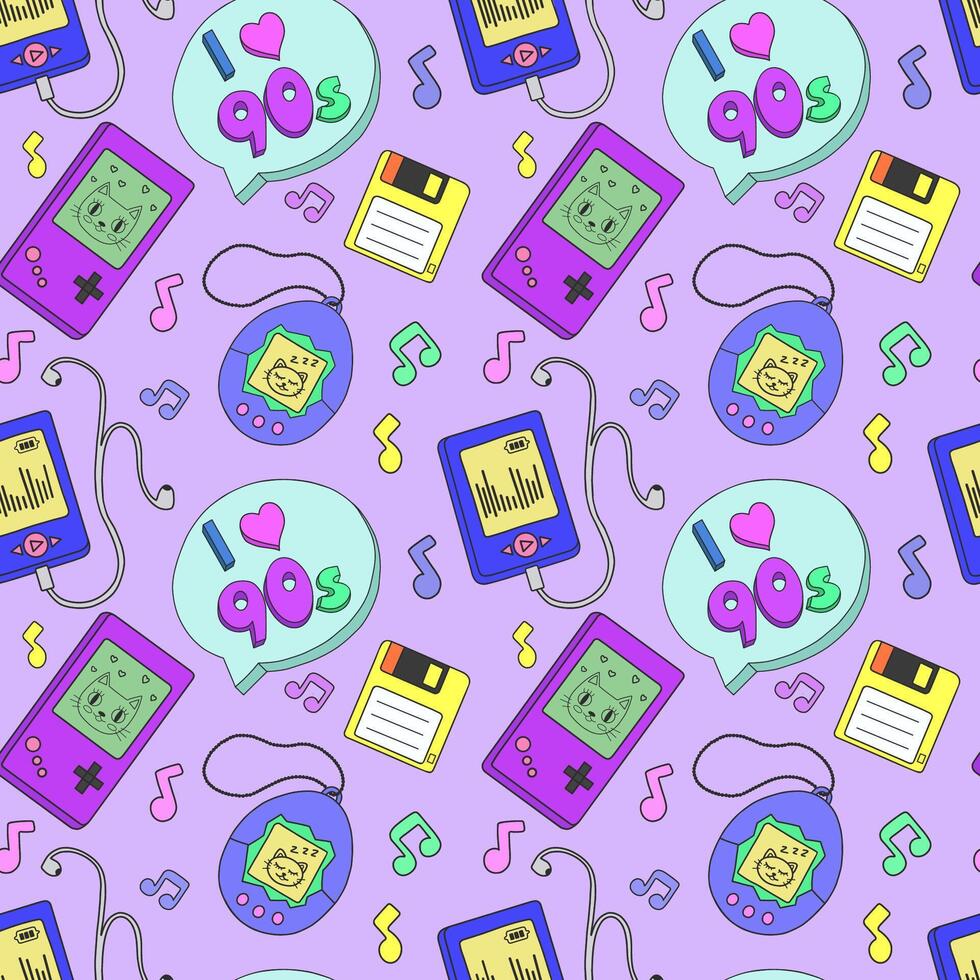 Seamless pattern with retro icons depicting tamagotchi, a game console, a player, glasses and other items in the colorful style of the 80s and 90s. Flat vector illustration.