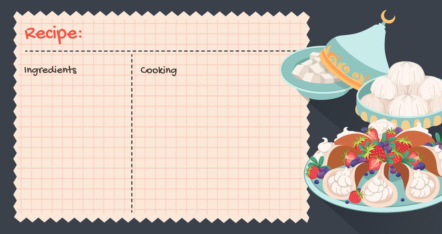 Recipe cards. Culinary book blank pages. Traditional Sweets to celebrate of Eid al Fitr. Banner for baking cooking with Hand drawn pancakes. Empty cookbook, cute home menu. Vector cartoon illustration