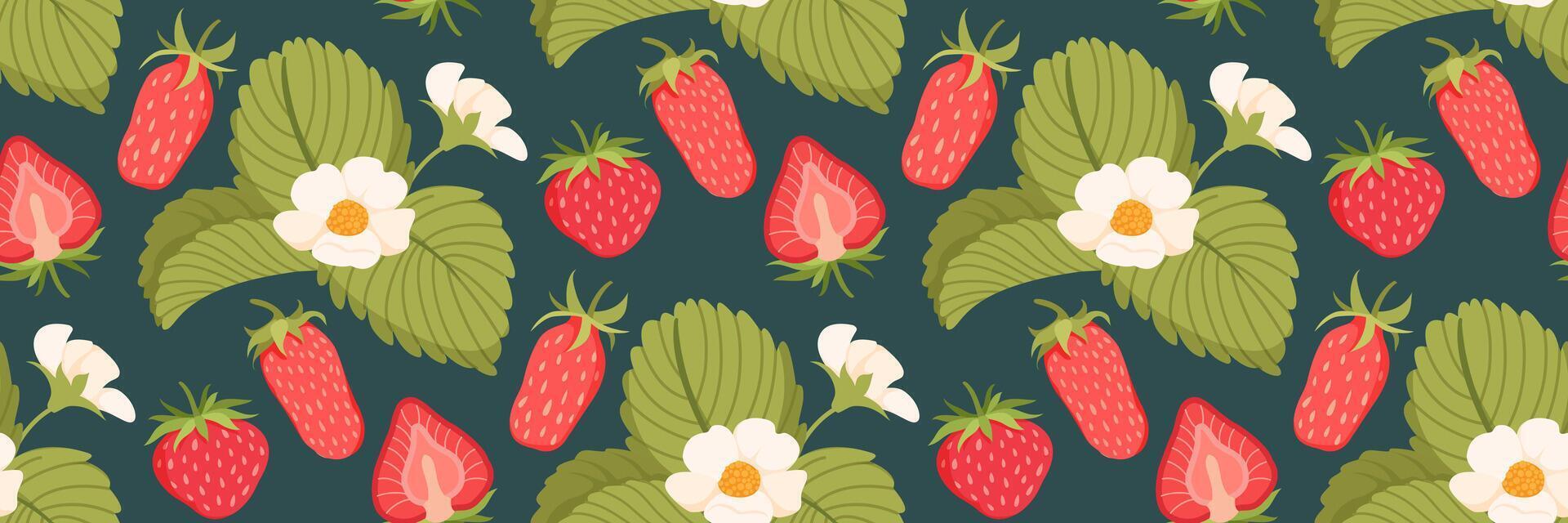 Seamless strawberry pattern. Berries, flowers and leaves on a dark background. Strawberry bush. Floral print for your design, clothes, wrapping paper, packaging. Vector flat illustration.