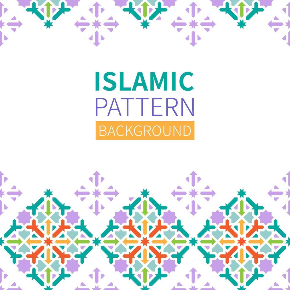 Islamic Geometric pattern Background. Design banner for Ramadan Kareem with Copy Space. Texture for greeting, colorful detail of mosaic. Arabic architectural style. Vector flat illustration.