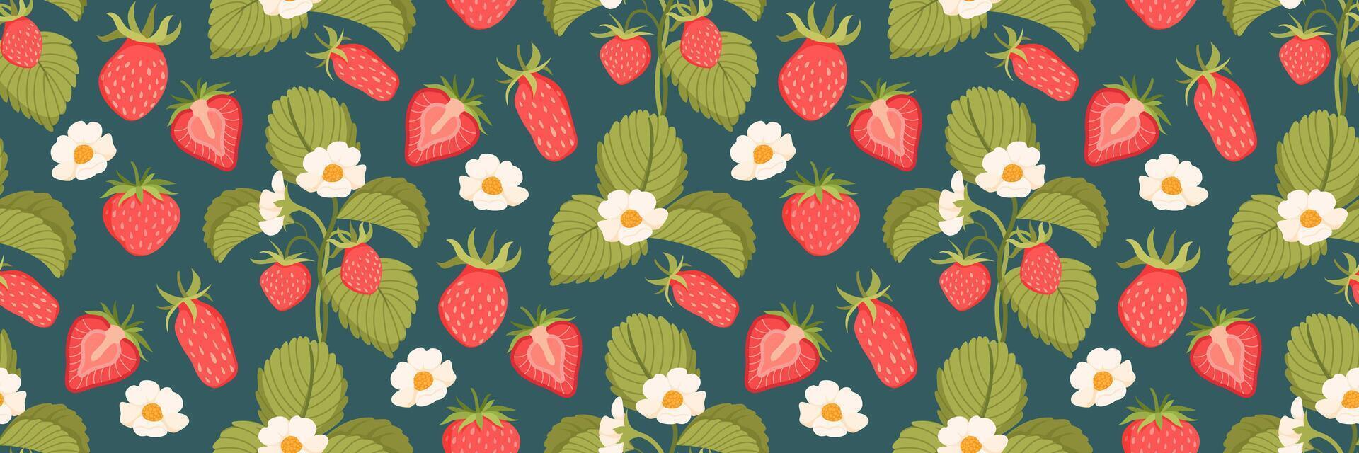 Strawberry pattern with berries, flowers and leaves. Garden and agriculture background. Berry slice. Floral print for your design, clothes, wrapping paper, packaging. Vector flat illustration.