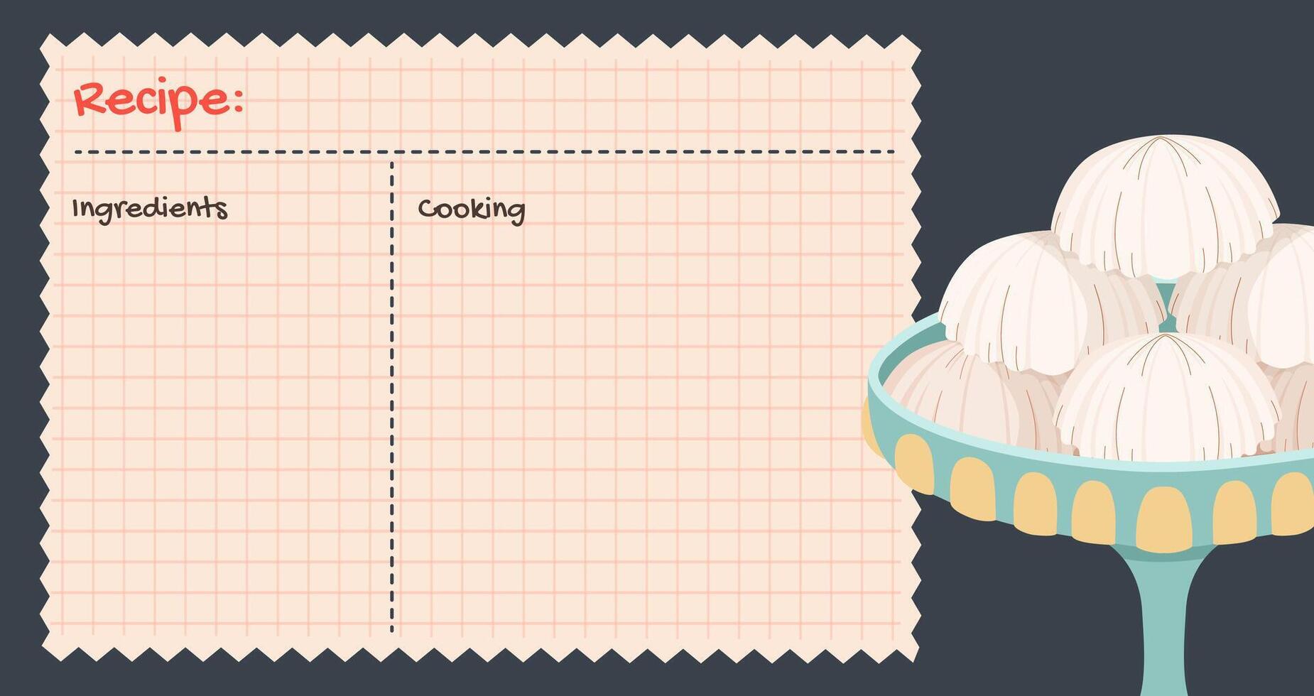 Recipe cards. Culinary book blank pages. Traditional semolina cookies to celebrate of Eid al Fitr. Banner for baking cooking with Hand drawn cookies. Empty cookbook cute home menu. Vector illustration