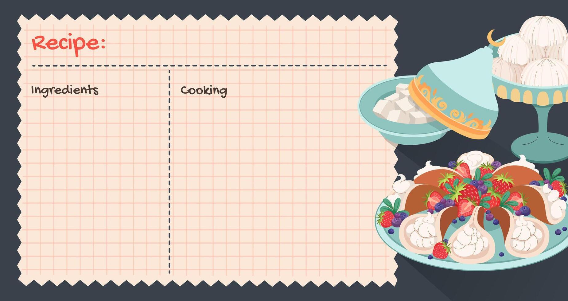 Recipe cards. Culinary book blank pages. Traditional Sweets to celebrate of Eid al Fitr. Banner for baking cooking with Hand drawn pancakes. Empty cookbook, cute home menu. Vector cartoon illustration