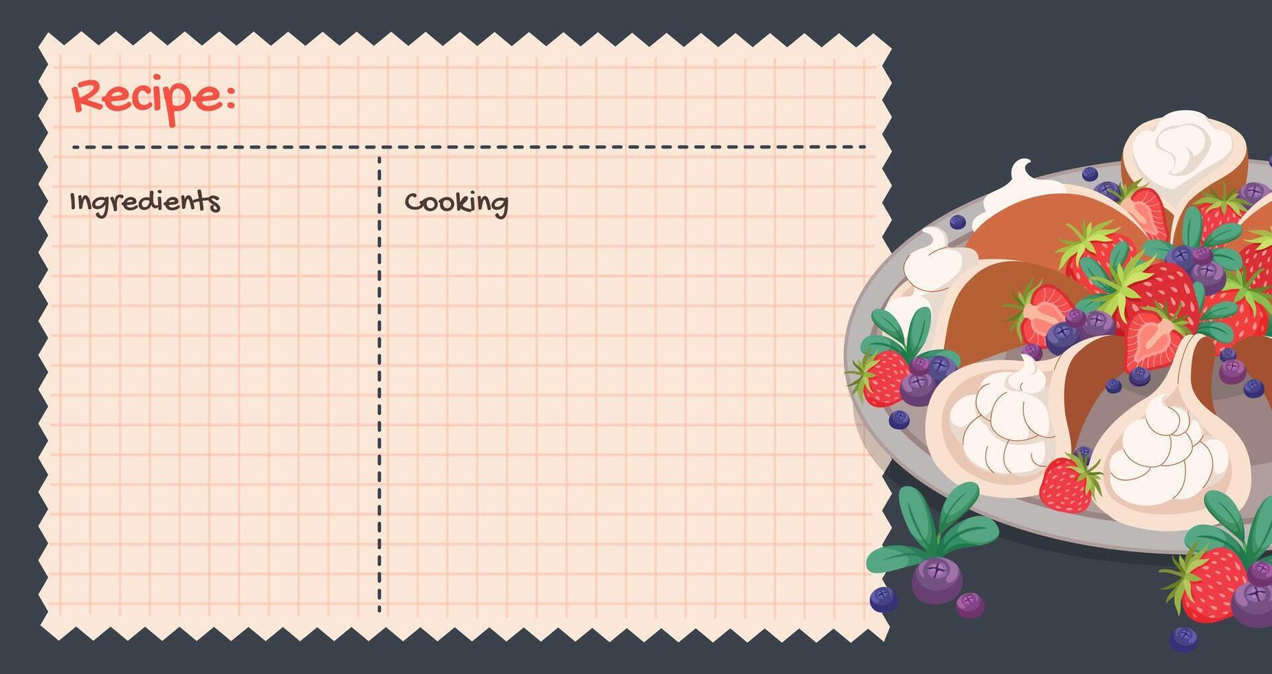 Arab pancakes recipe card. Culinary book blank pages. Empty cookbook, cute home menu. Traditional Sweets to celebrate of Eid al Fitr. Strawberry topping. Place for notes. Vector cartoon illustration.