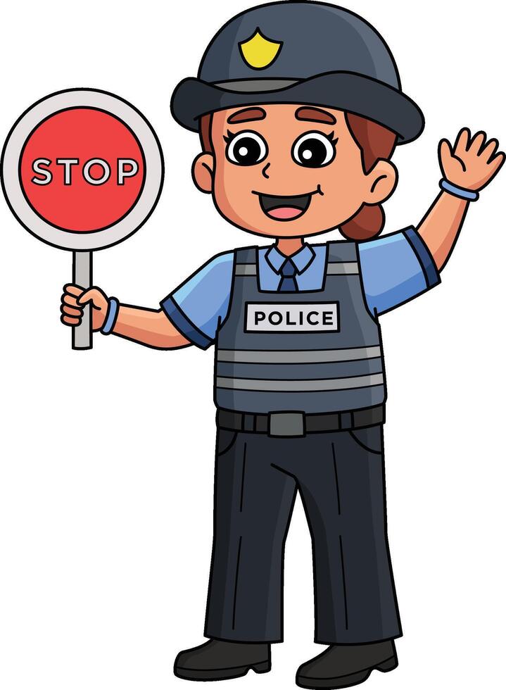 Police Traffic Officer Holding Stop Sign Cartoon Colored vector