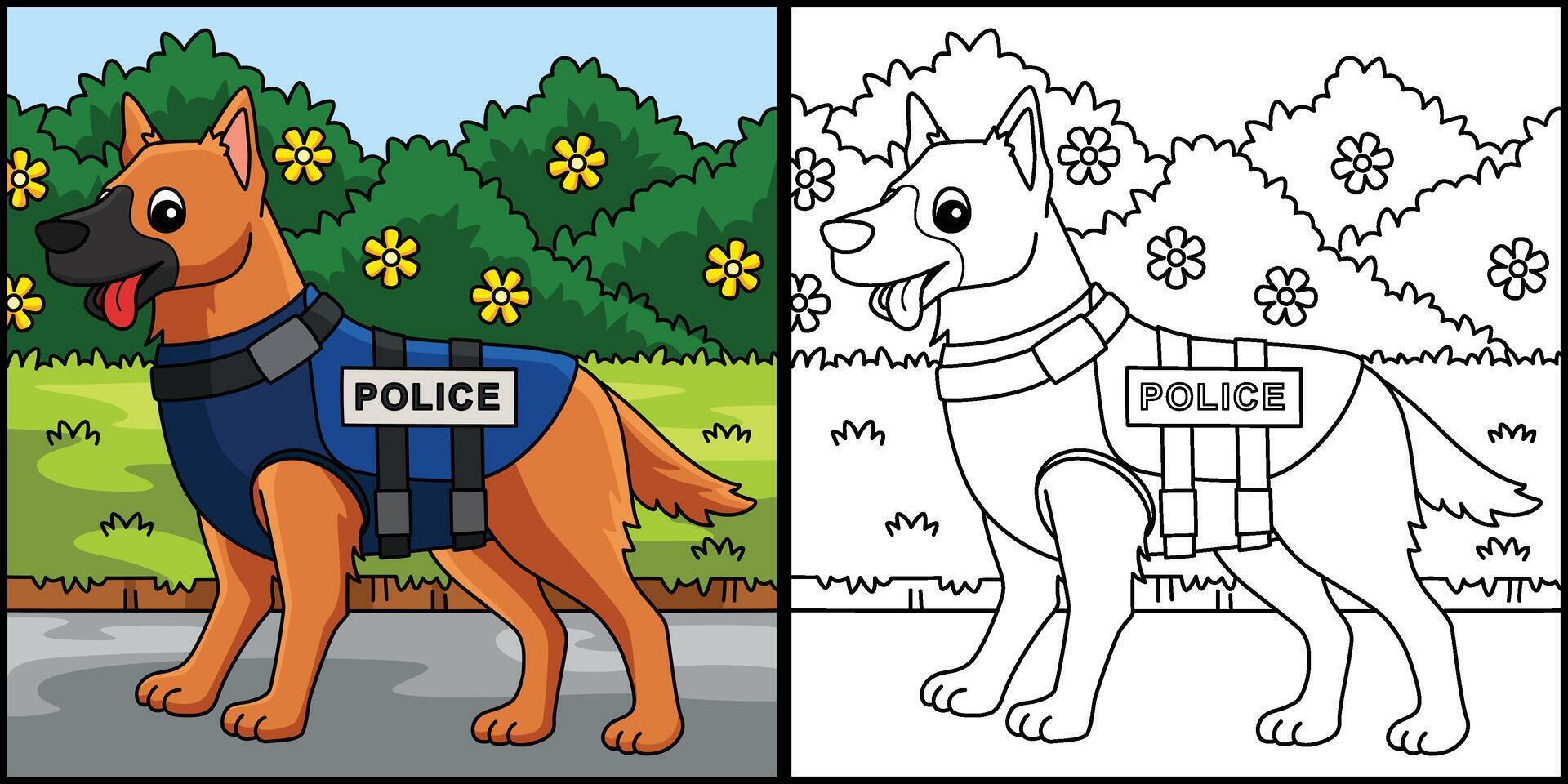 Police Dog Coloring Page Colored Illustration vector
