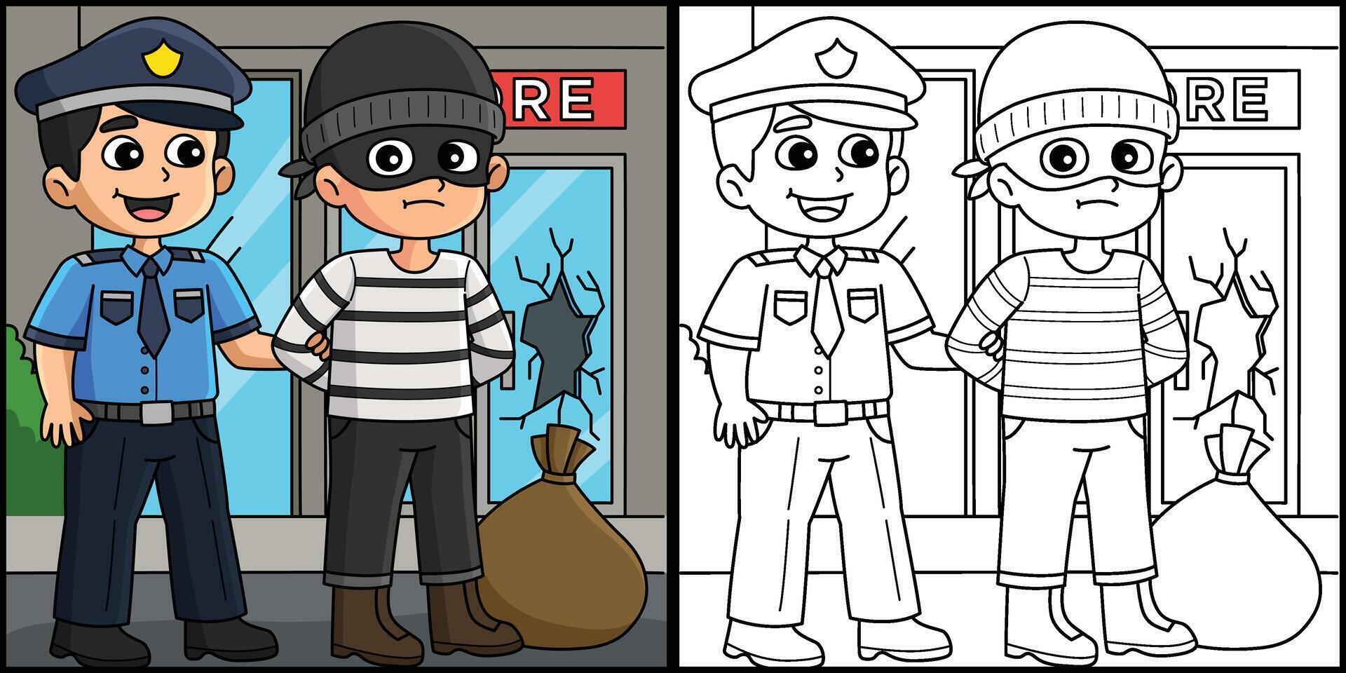 Police Man Arresting a Thief Coloring Illustration vector