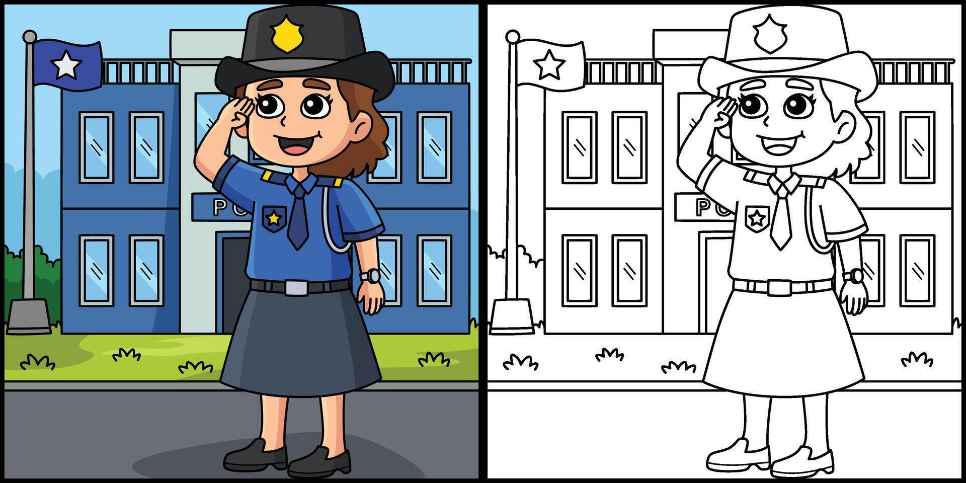 Policewoman Coloring Page Colored Illustration vector