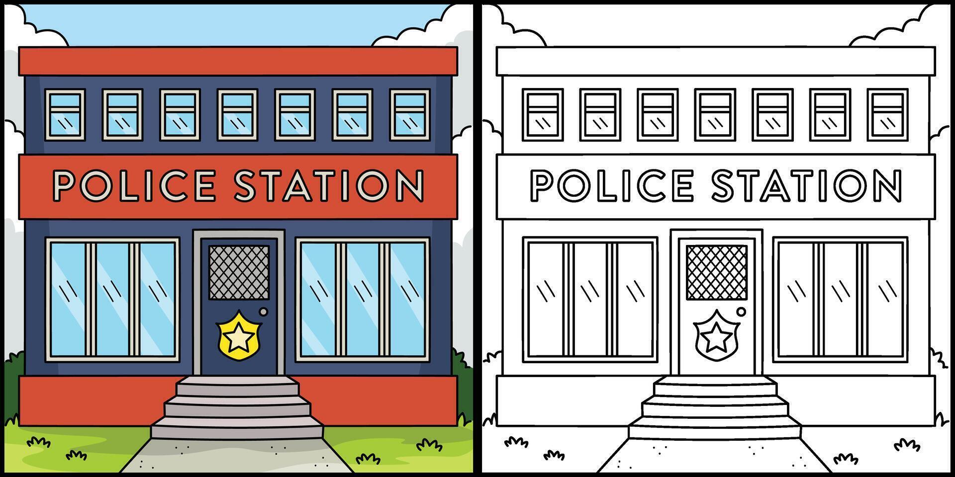 Police Station Coloring Page Colored Illustration vector