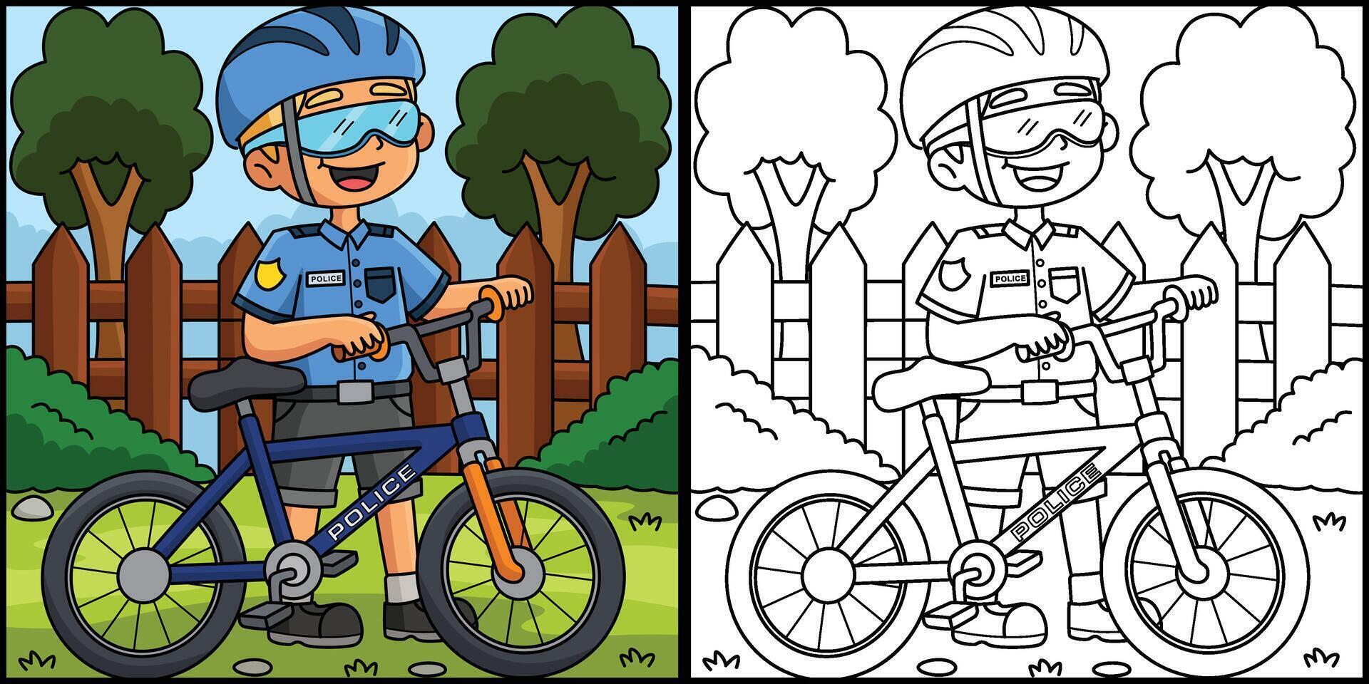 policía oficial con un bicicleta colorante ilustración vector