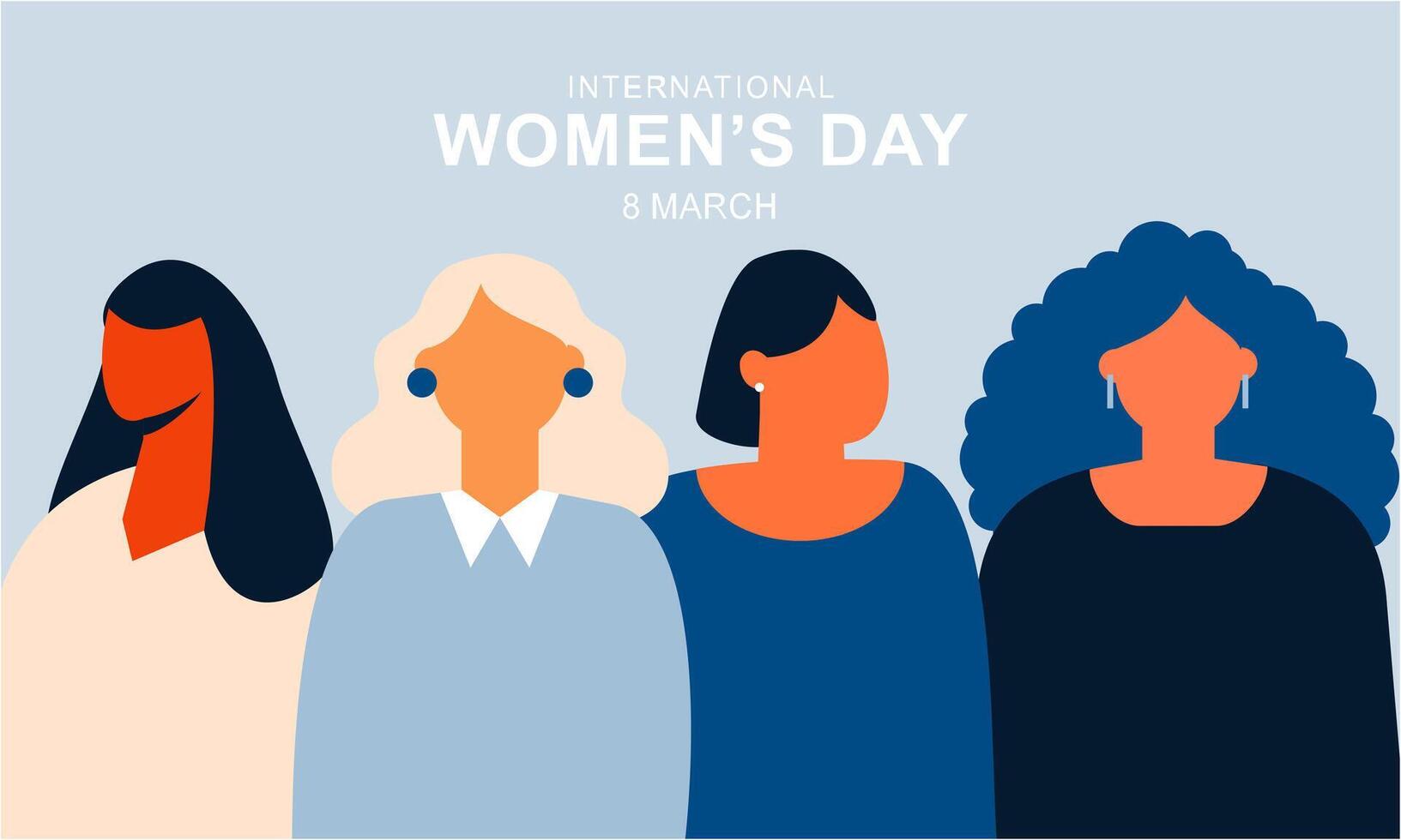 internacional mujer día. hembra diverso caras de diferente etnia póster vector