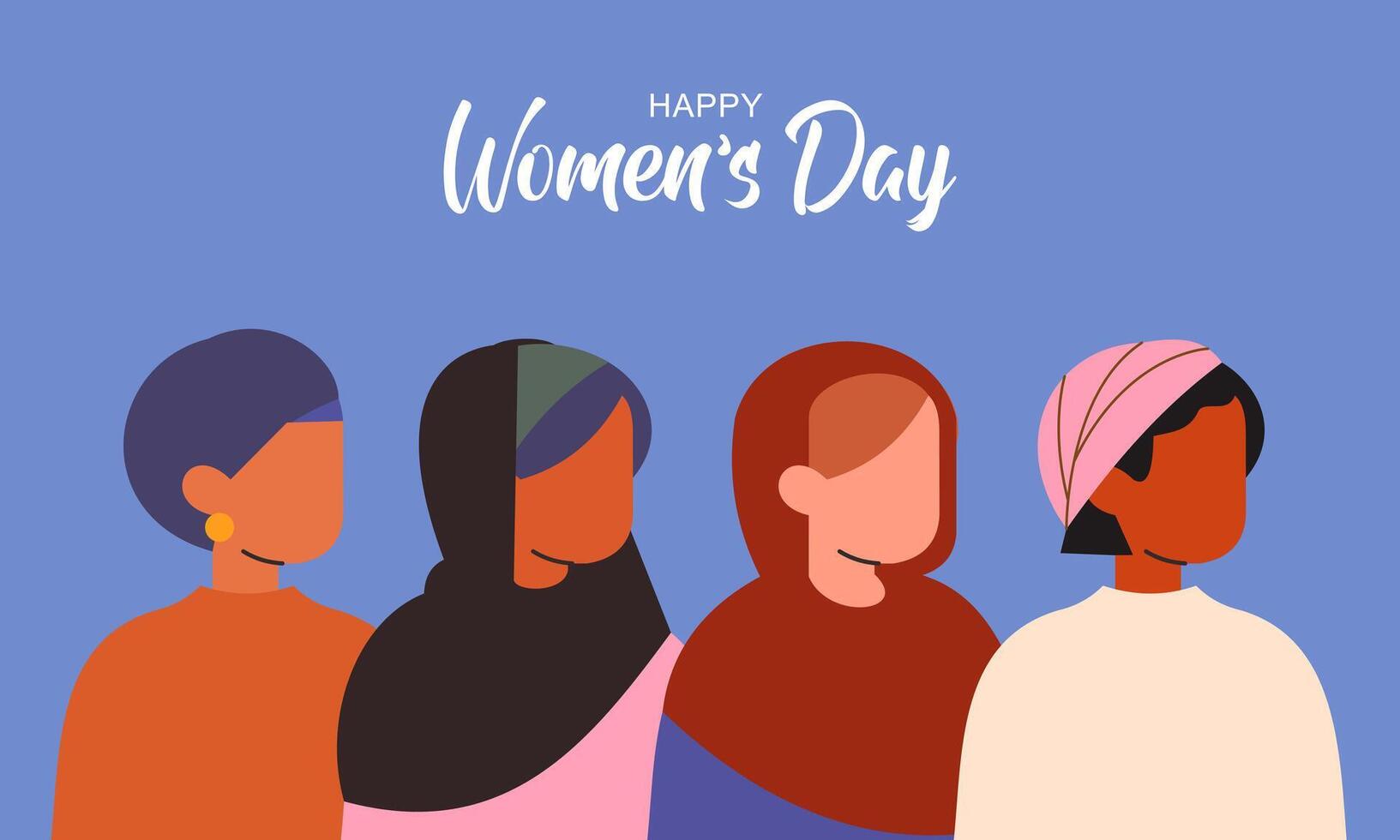 internacional mujer día. hembra diverso caras de diferente etnia póster vector