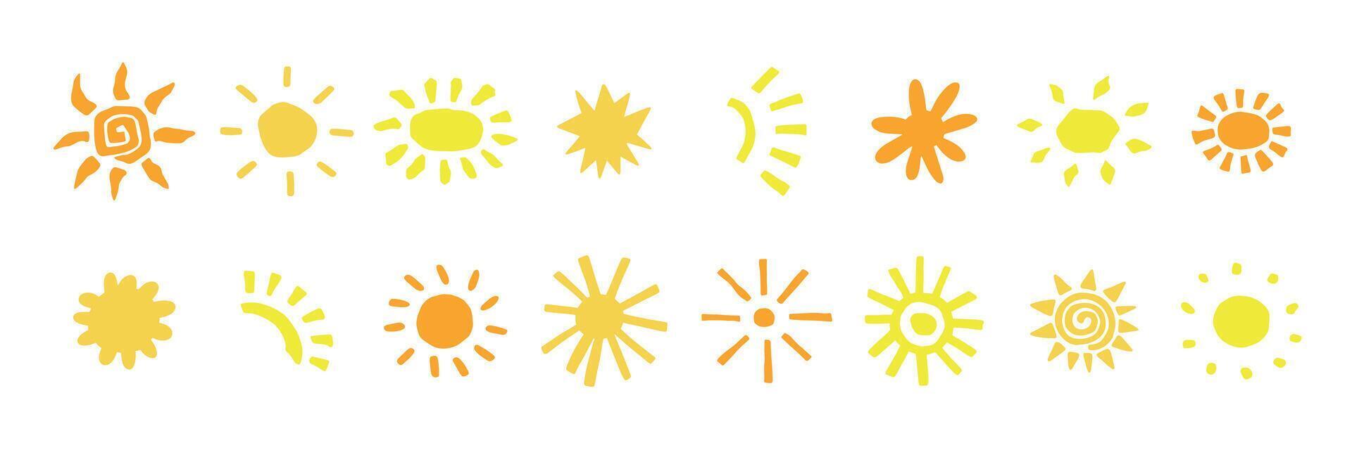 Hand drawn sun collection. Abstract logo and print design templates. Doodle vector icons isolated on white background
