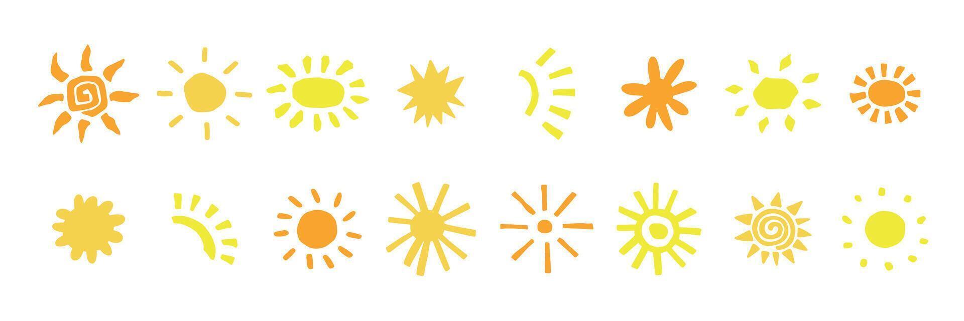 Hand drawn sun collection. Abstract logo and print design templates. Doodle vector icons isolated on white background