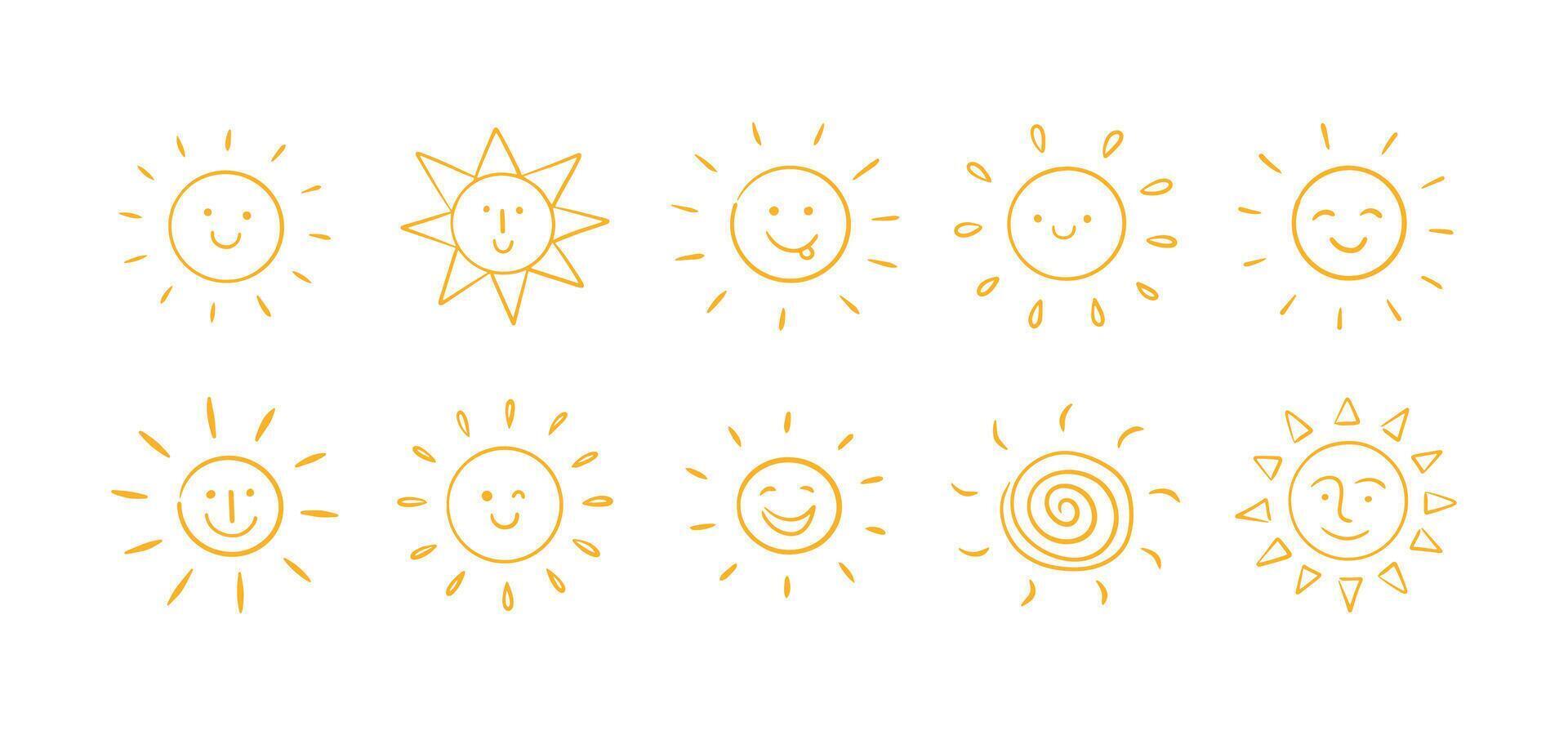 Hand drawn sun icons set. Doodle kids drawing collection. Vector illustration isolated on white background