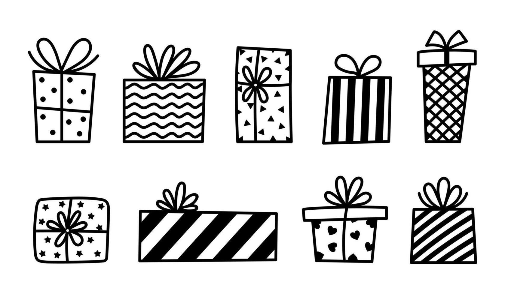 Gift box vector icon set. Containers with bow, ribbon. Black and white funny presents with hearts, stars, stripes. Hand drawn doodle, holiday sketch. Surprise for party, birthday. Isolated clipart