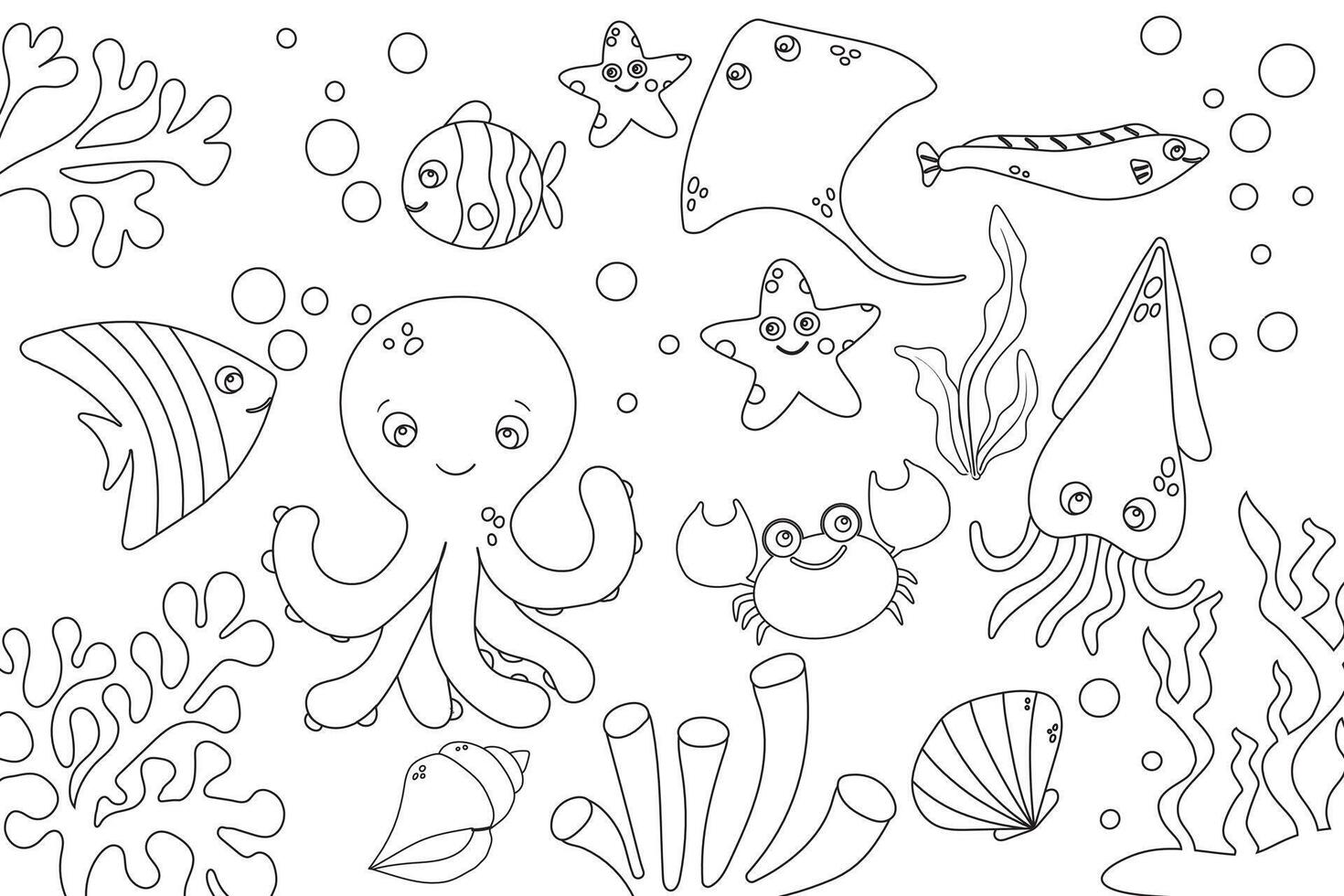 Underwater cartoon elements coloring page for children, coloring vector illustration.