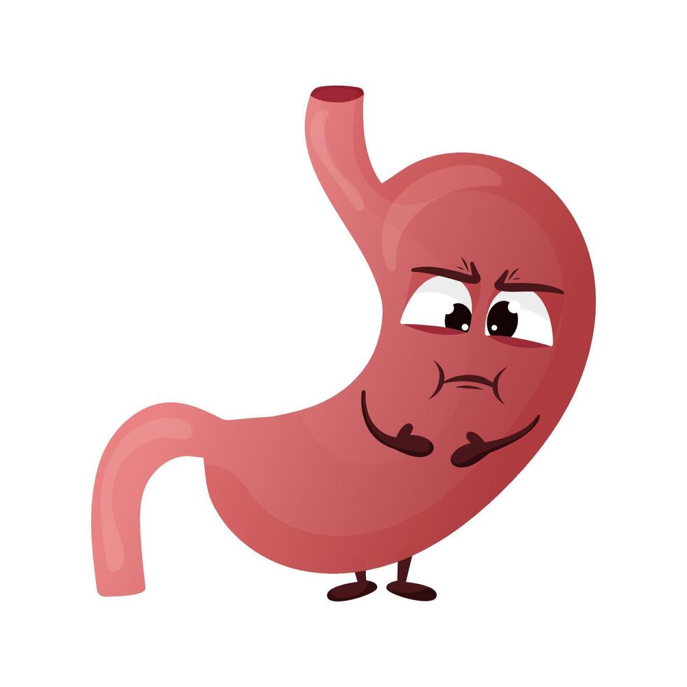 Cartoon stomac character. Concept diseased internal organ, nausea and indigestion. Vector illustration
