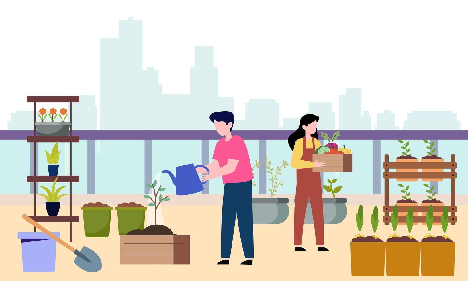 People gardener farmer together arrangement green roof illustration vector