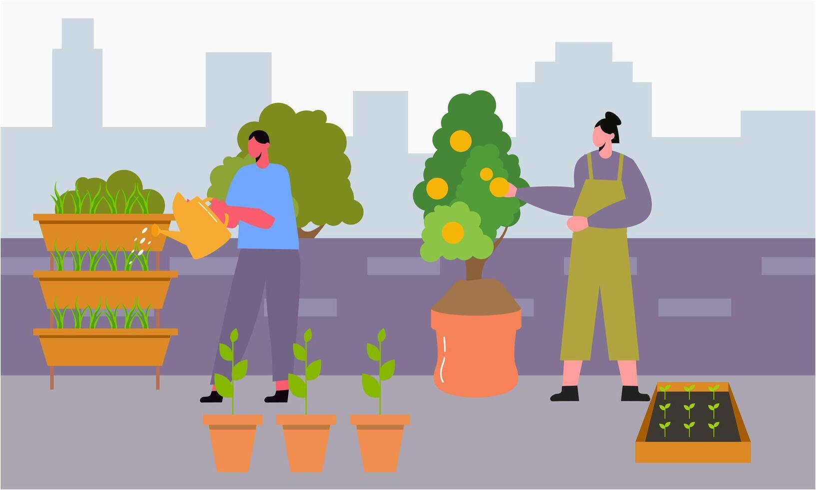 People gardener farmer together arrangement green roof illustration vector