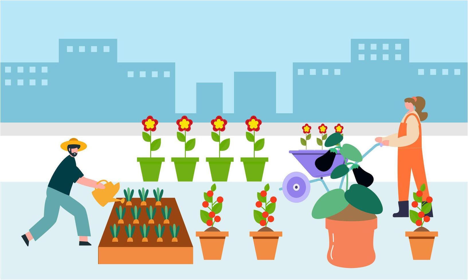 People gardener farmer together arrangement green roof illustration vector