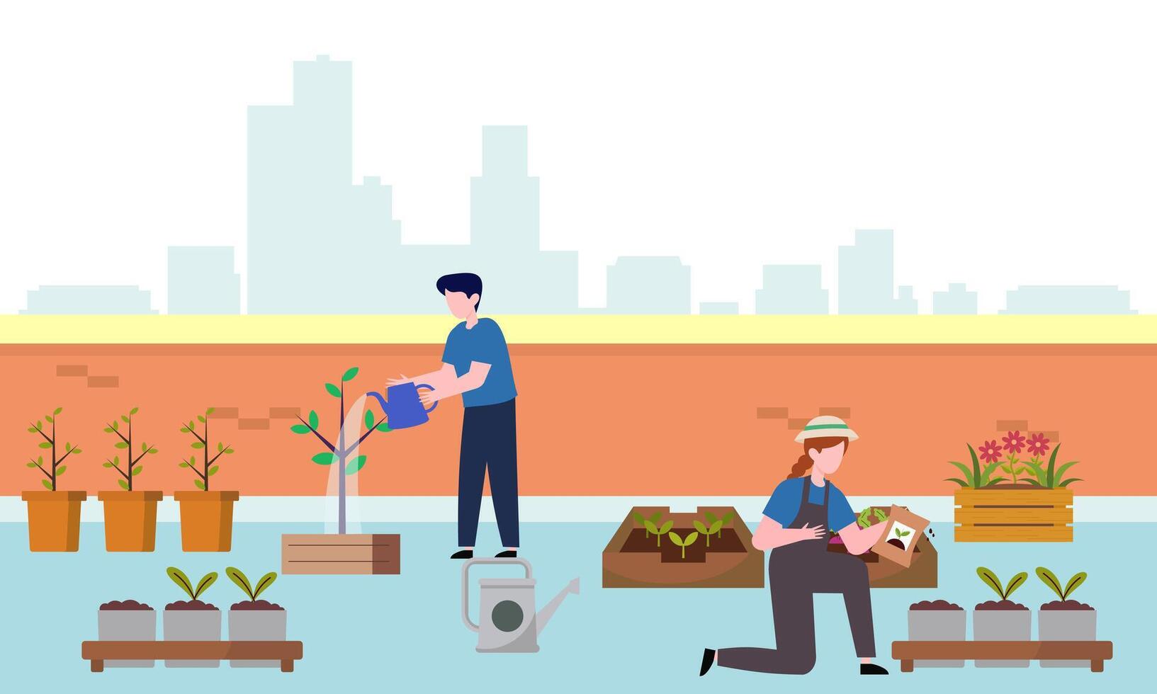 People gardener farmer together arrangement green roof illustration vector