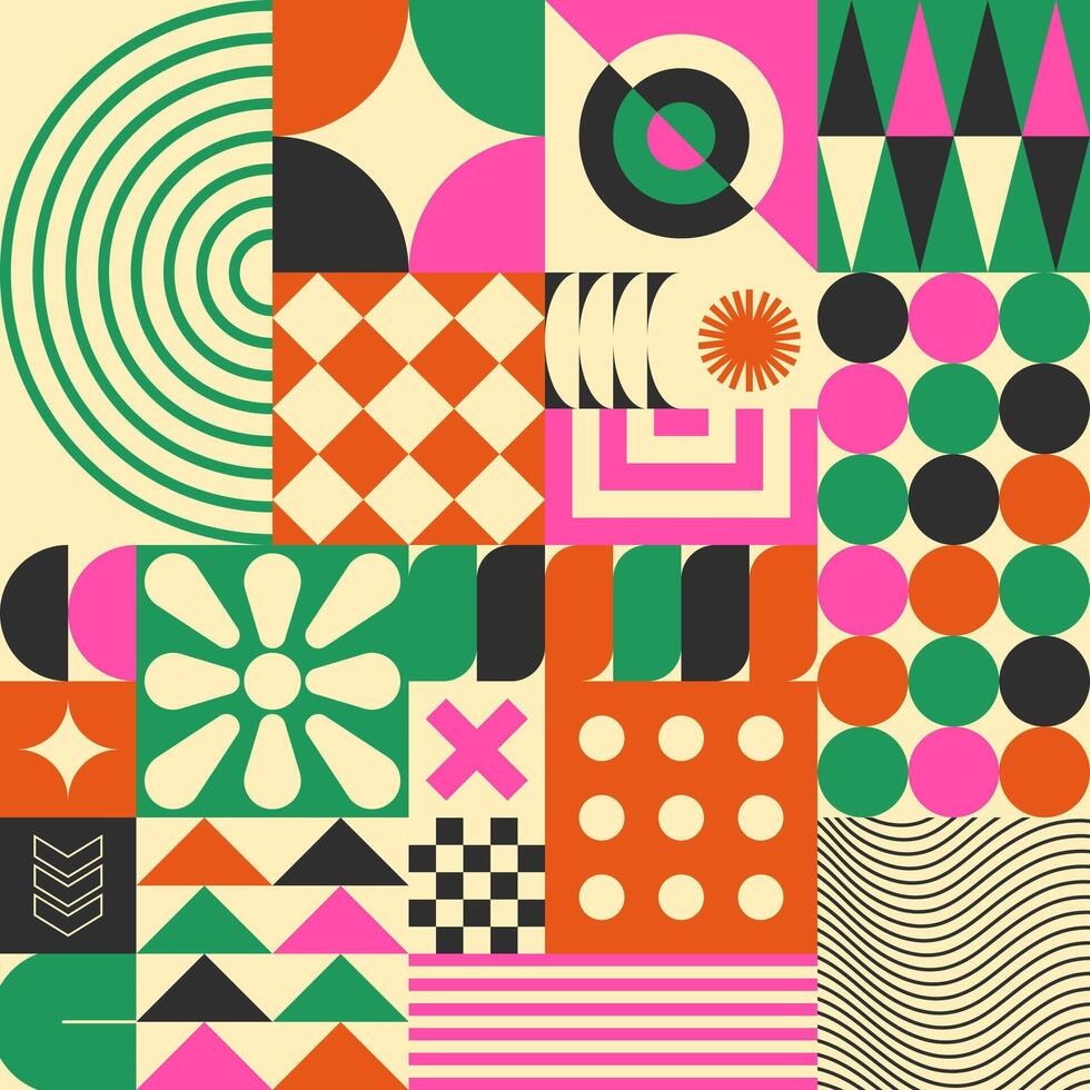 Abstract simple geometric seamless pattern with figure, form, shapes, circle and lines in Bauhaus style. Vibrant grunge geometry brutalism y2k 2000s print. Modern collage vector illustration