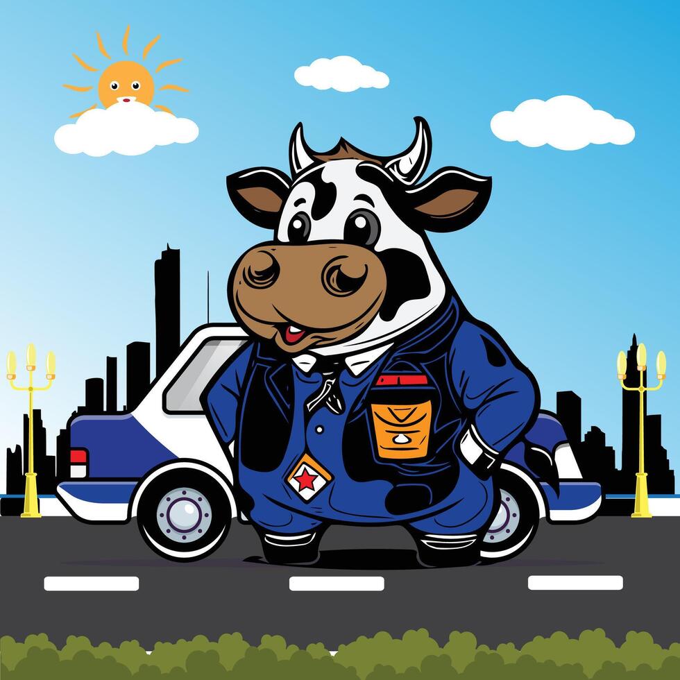 linda dibujos animados vaca con como policía oficial, ilustración vector Arte para impresión t camisa